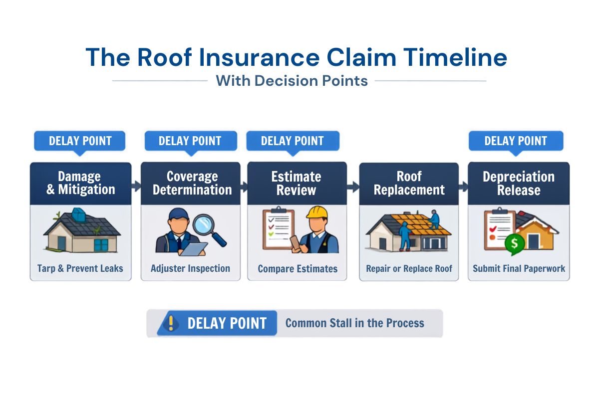 Roof insurance claim timeline showing damage mitigation, coverage review, estimate review, roof replacement, and depreciation release with common delay points