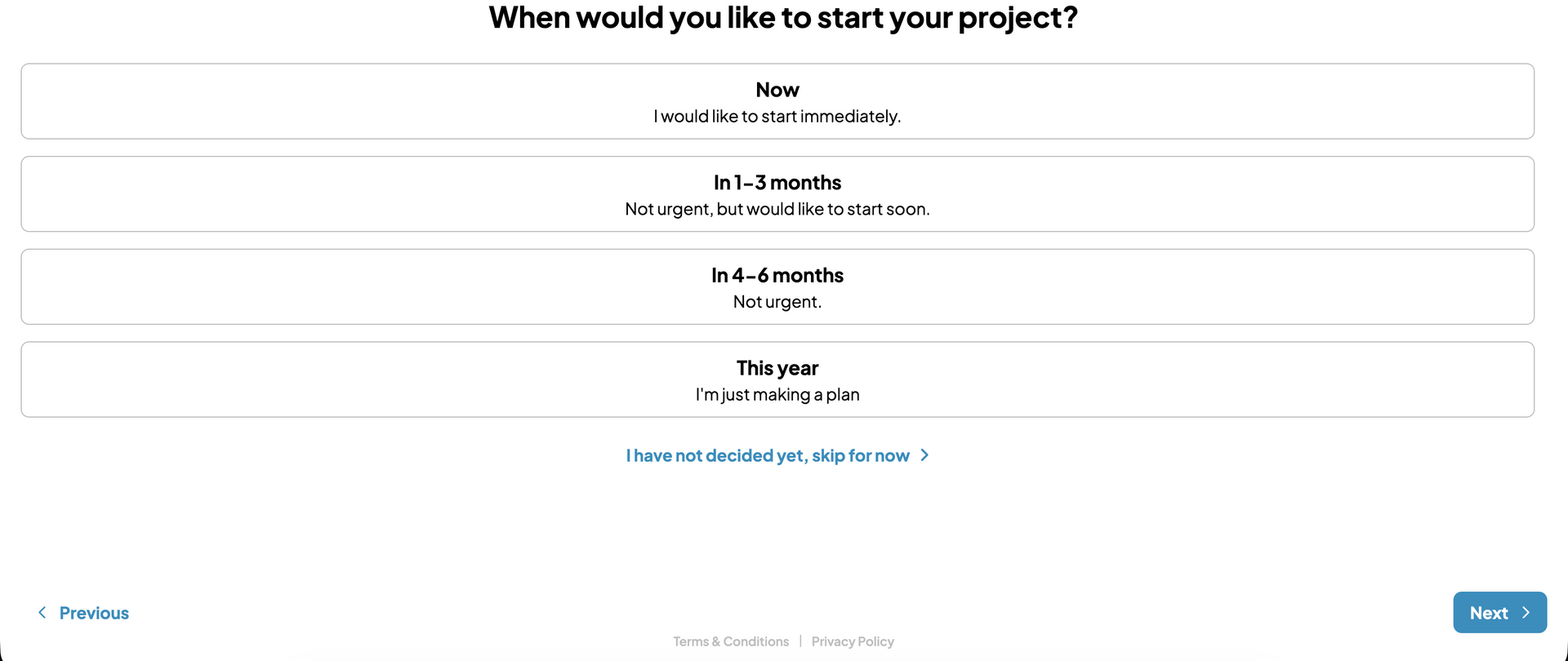 Survey page asking when to start a project, with multiple date options and a blue Next button
