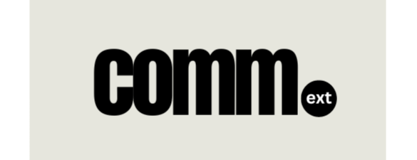 Black logo reading “comm” with a small “ext” in a black circle on a light background