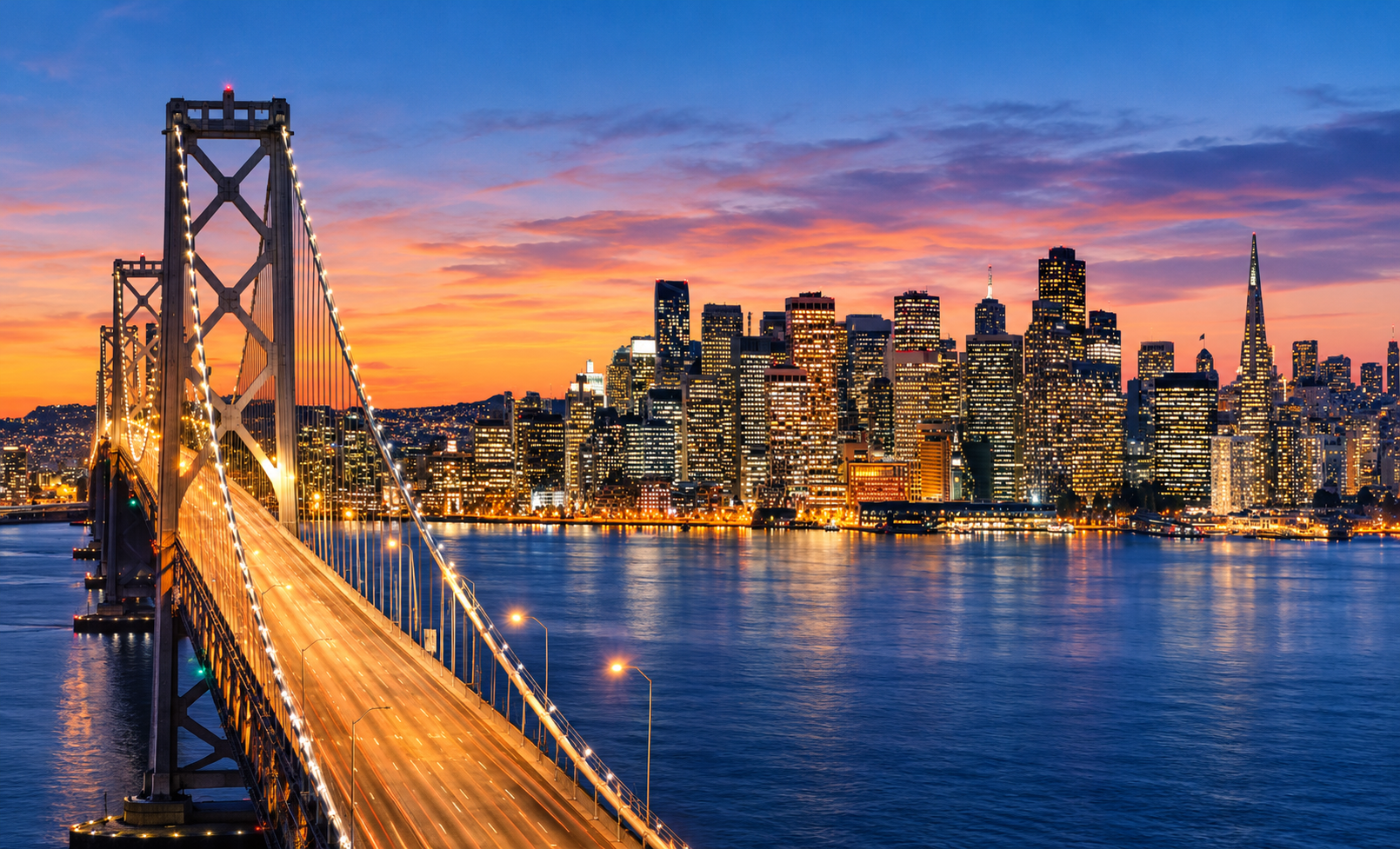 San Francisco skyline with the bay and hills under a clear sky