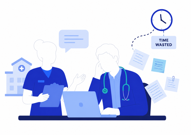 Doctor and nurse discussing paperwork in a hospital office.