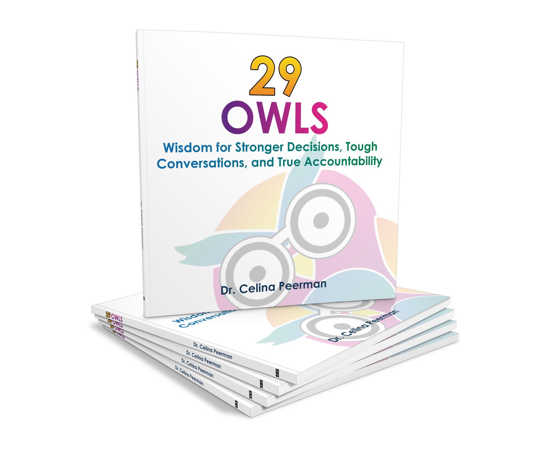 Book cover titled "29 Owls" with stacked copies, featuring owl graphic and text: wisdom for stronger decisions.