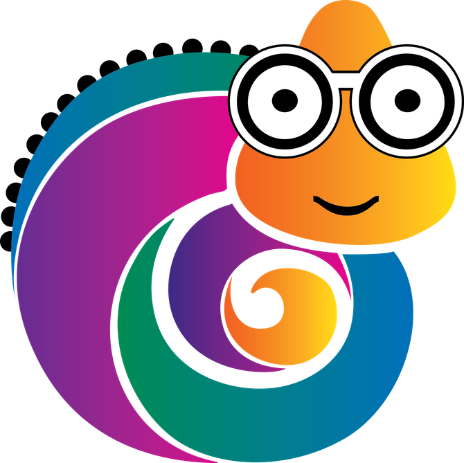 Colorful chameleon wearing glasses with a friendly expression.