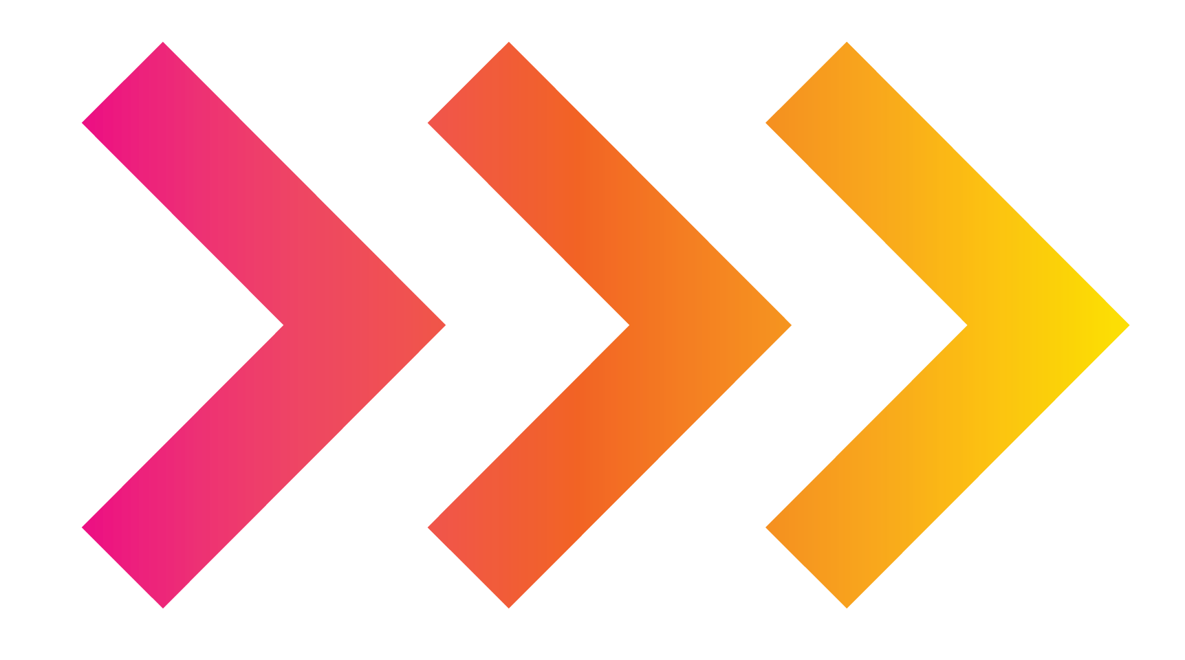 Three right-pointing chevrons in a gradient of pink to orange to yellow.