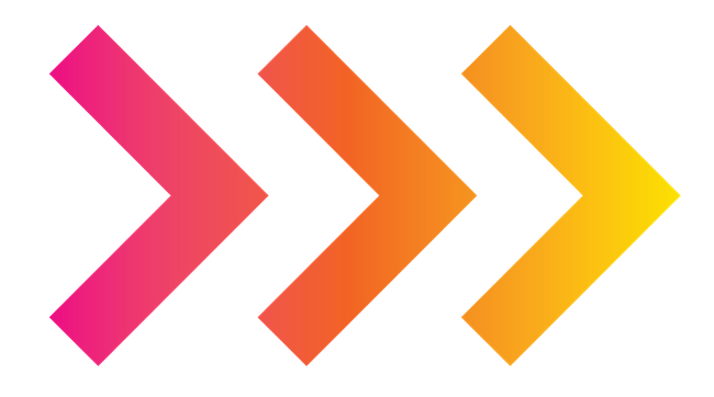 Three right-pointing chevrons in a gradient of pink to orange to yellow.