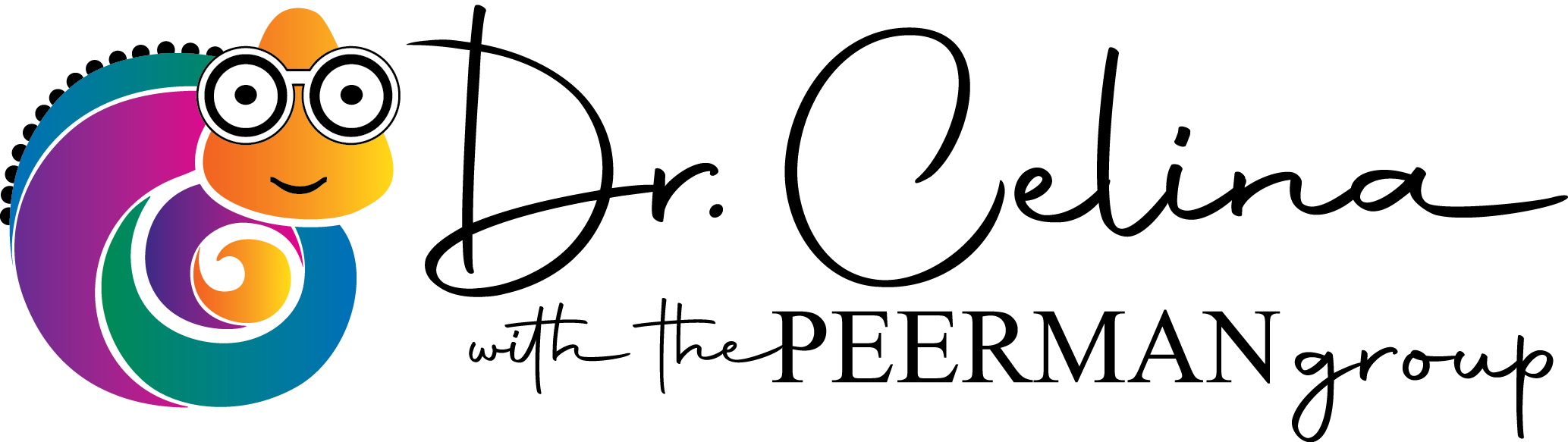 Logo with a colorful chameleon wearing glasses, the words