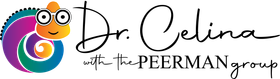Logo with a colorful chameleon wearing glasses, the words