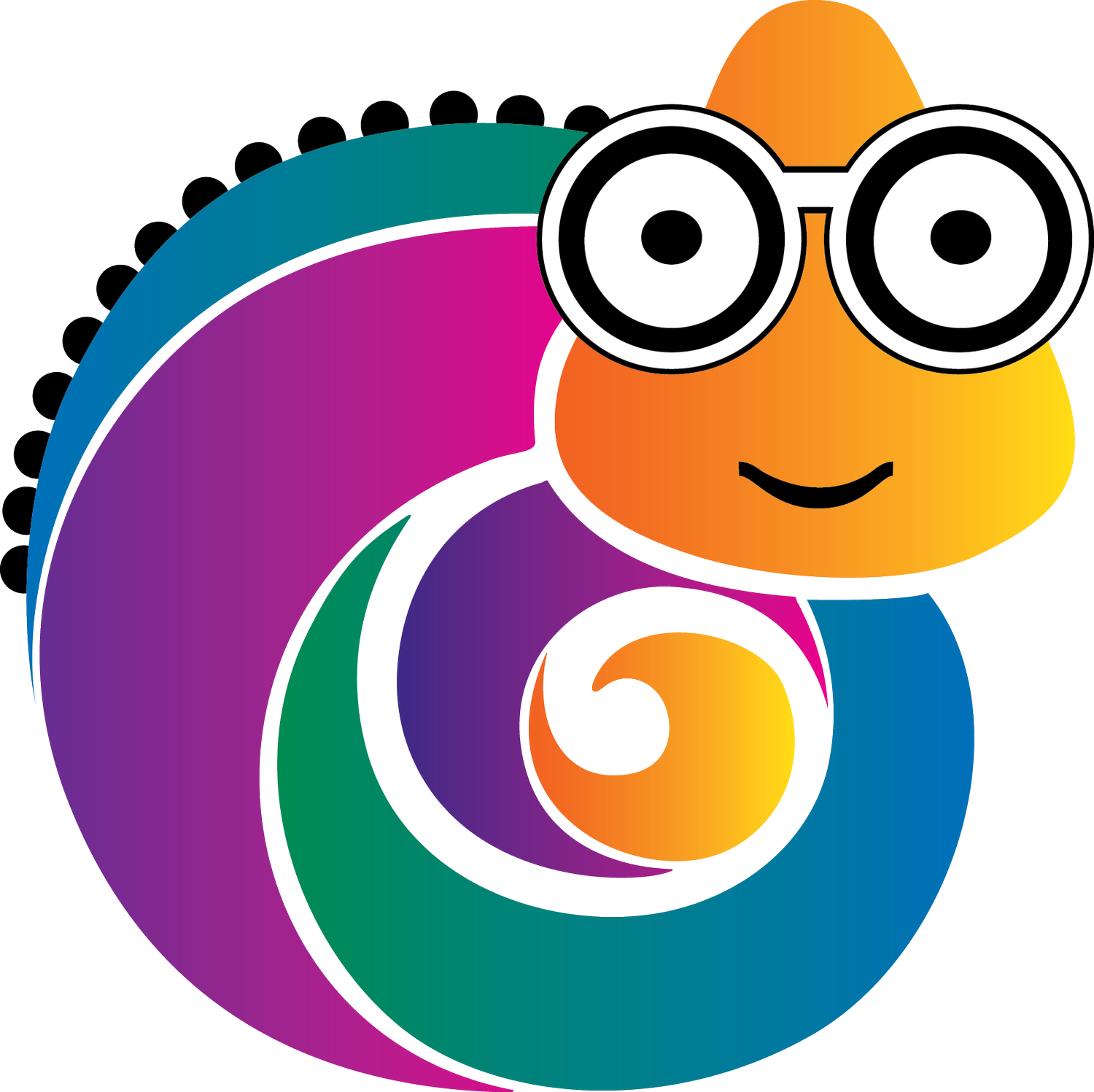 Colorful chameleon wearing glasses with a friendly smile.
