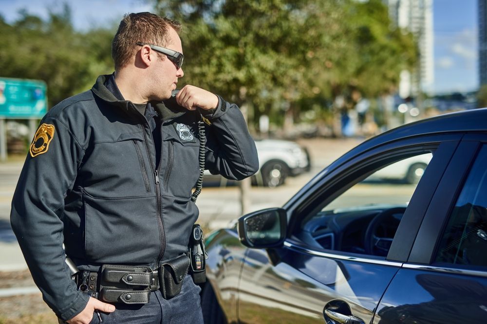 Police officer speaking at a traffic stop beside a dark car on a sunny street
