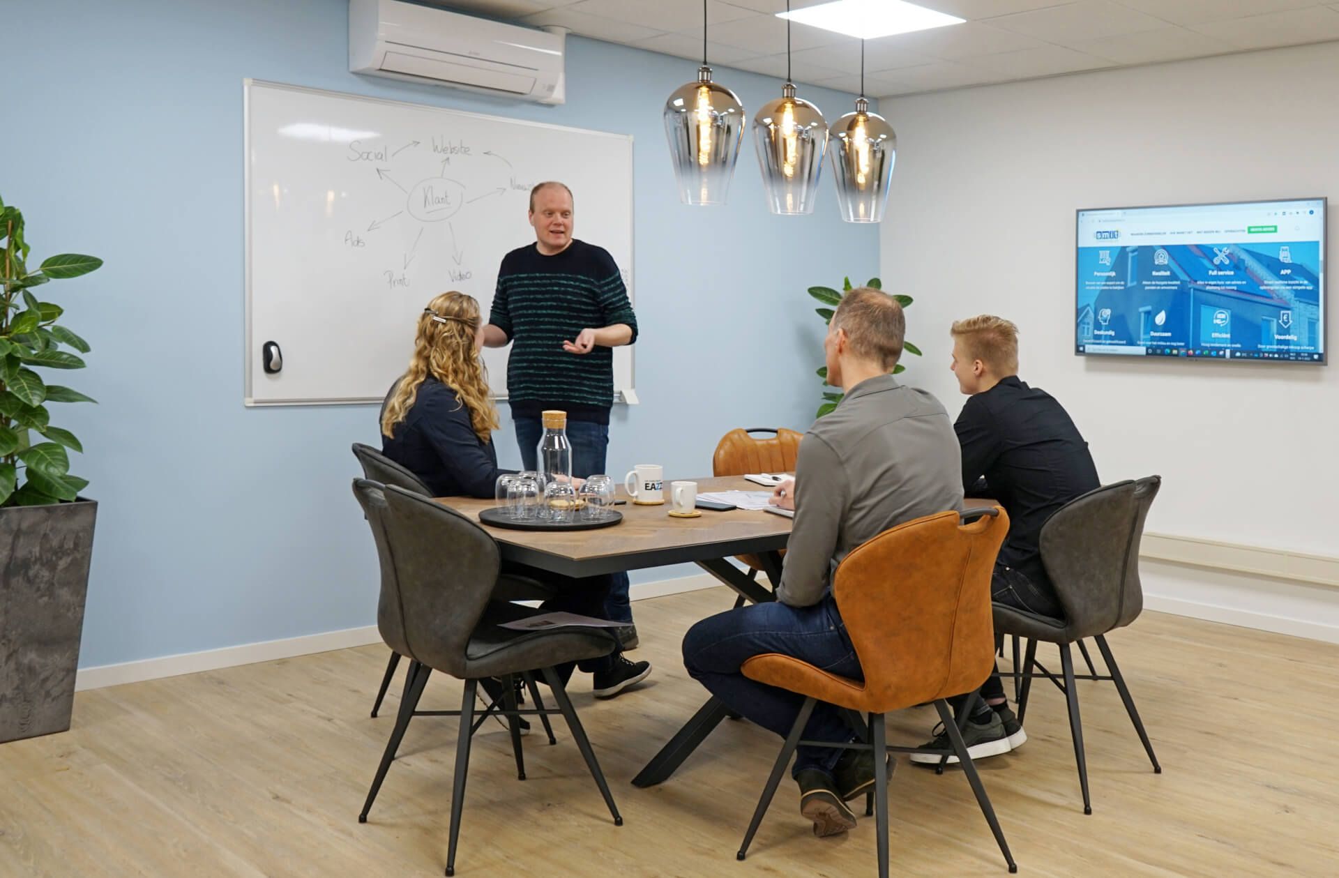Het team van EAZZI zit rond een tafel in een vergaderruimte.