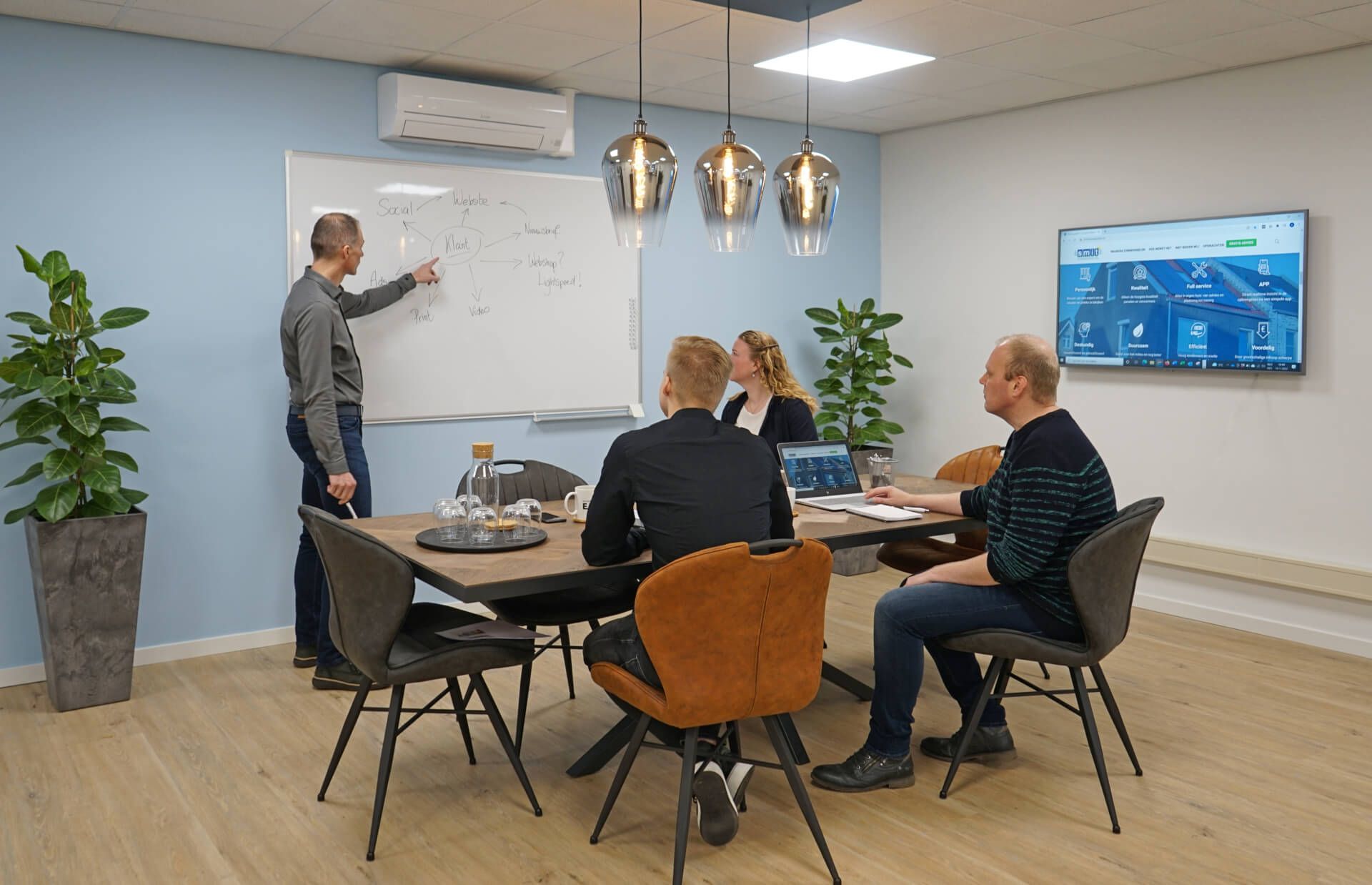 Het team van EAZZI zit rond een tafel in een vergaderruimte.
