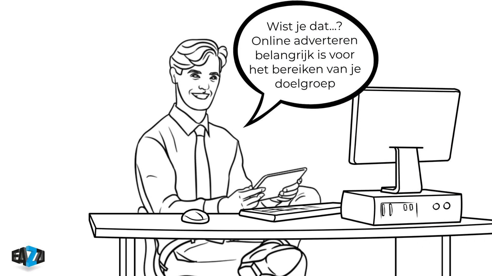 Een zwart-wit tekening van een man die aan een bureau zit met een computer.
