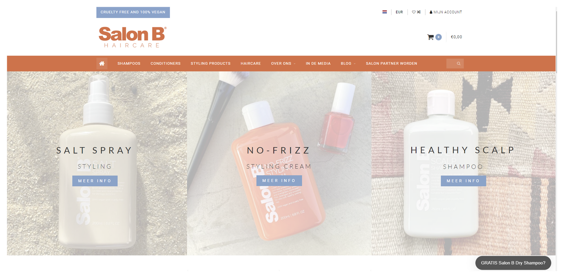 Een screenshot van de website van salon b met een verscheidenheid aan haarproducten.