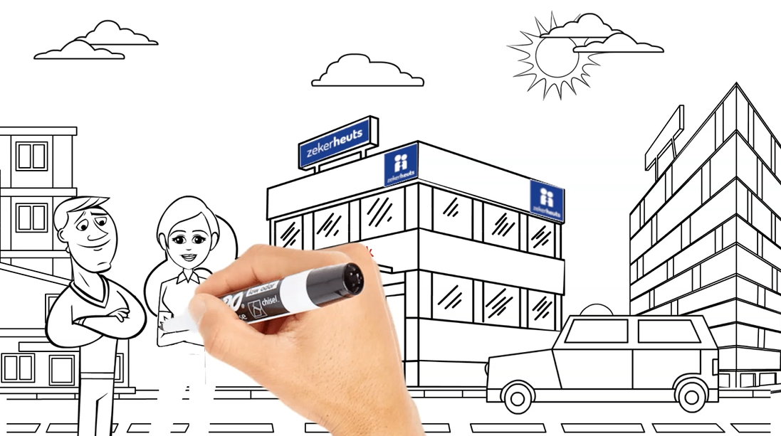 Een hand tekent met een stift een cartoon op een whiteboard.
