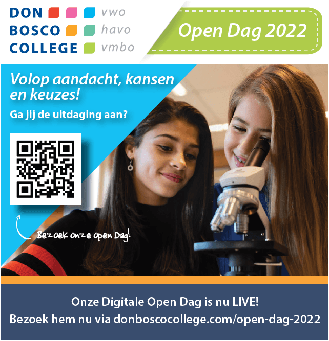 Een advertentie voor het Don Bosco College toont twee meisjes die door een microscoop kijken