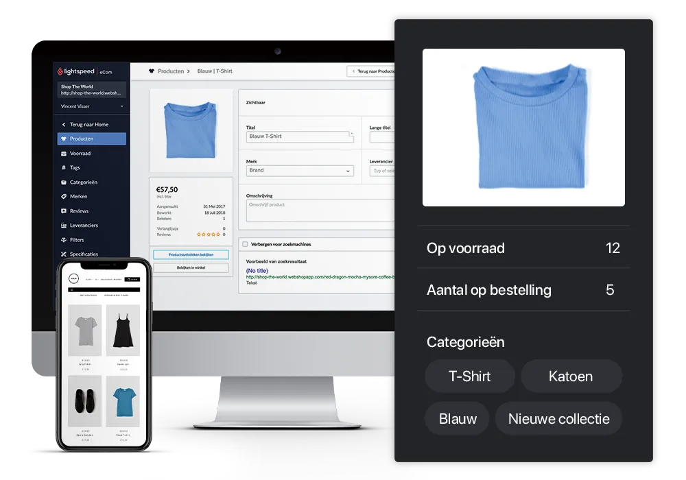 Een computer en een mobiele telefoon met een blauw shirt op het scherm.