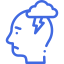 A blue icon of a person 's head with a lightning bolt in it.