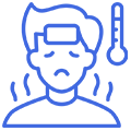 A man with a thermometer on his forehead and a thermometer next to him.