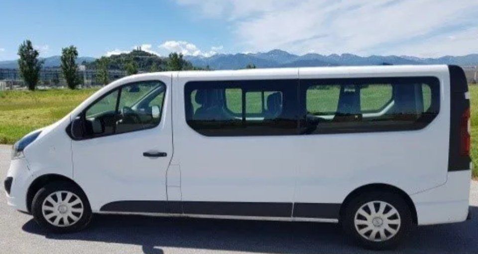 Furgone bianco per il trasporto passeggeri parcheggiato su una strada con montagne e alberi sullo sfondo.