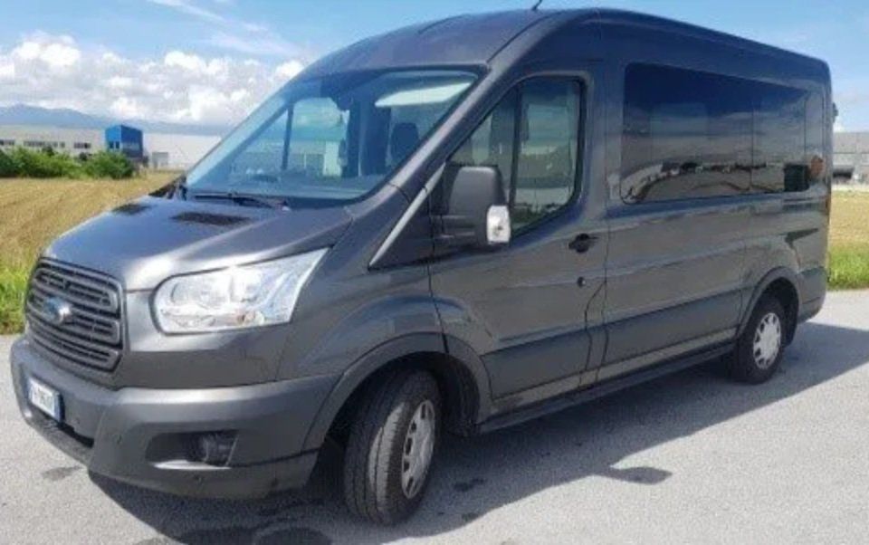 Furgone passeggeri grigio parcheggiato sul ciglio di una strada soleggiata, con campi erbosi sullo sfondo.