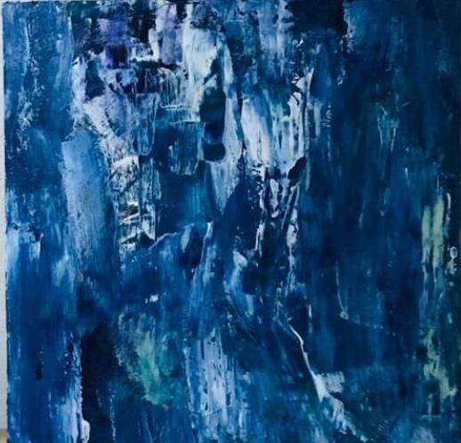 Abstract blue painting with thick brushstrokes, resembling flowing water or a landscape.