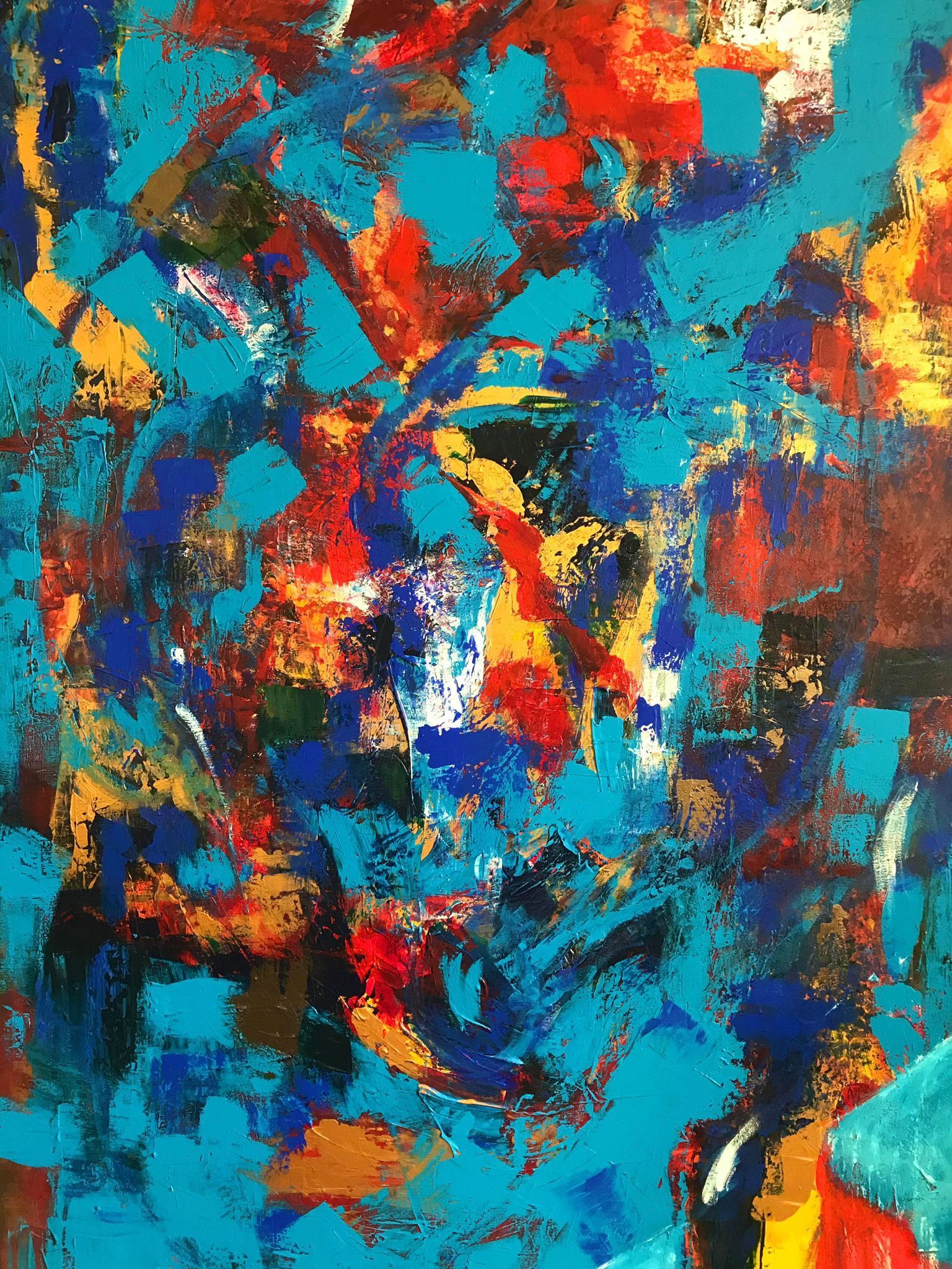 Abstract painting with turquoise, red, and gold brushstrokes.