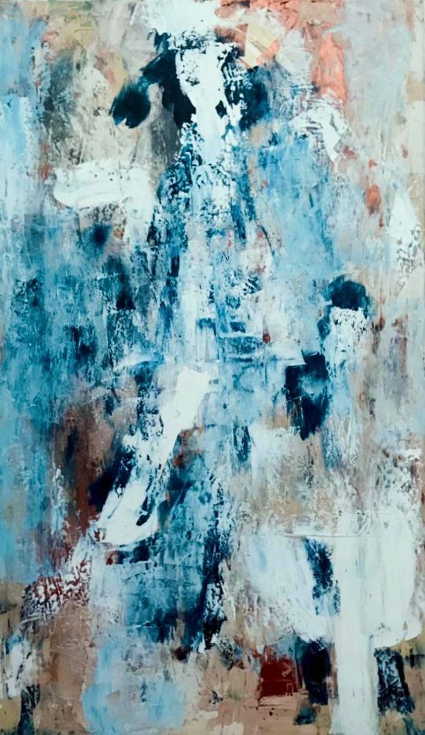 Abstract painting with blue, white, and brown strokes, possibly depicting a figure against a textured backdrop.