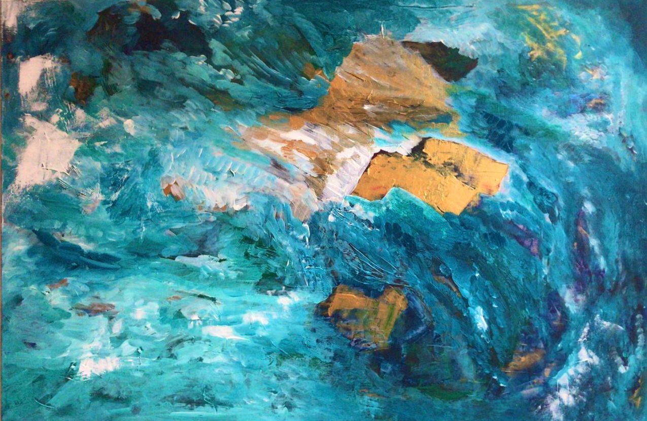 Abstract painting of gold and turquoise; looks like a stormy sea with land masses.