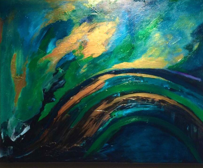 Abstract painting with teal, green, gold, and black brushstrokes resembling a flowing landscape.
