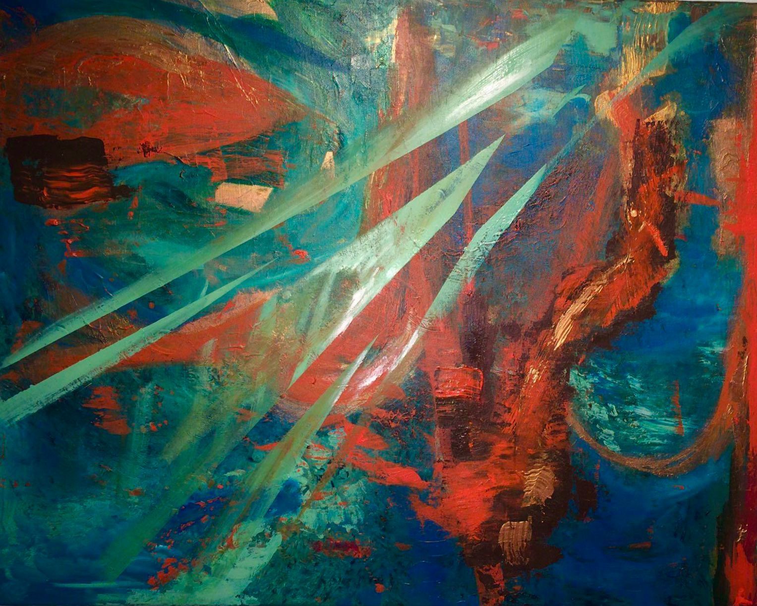 Abstract painting with red, blue, and green brushstrokes creating a dynamic, textured composition.
