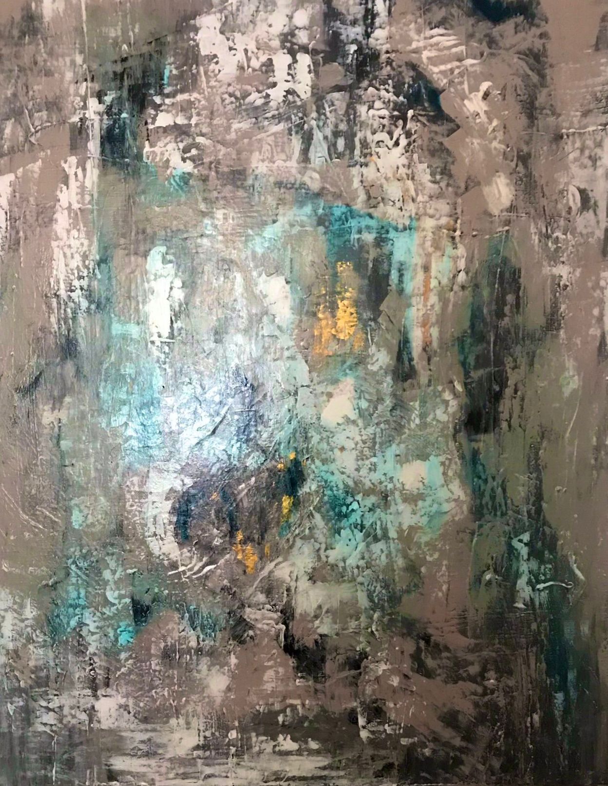 Abstract painting with gray, teal, and gold brushstrokes, conveying a sense of depth and texture.