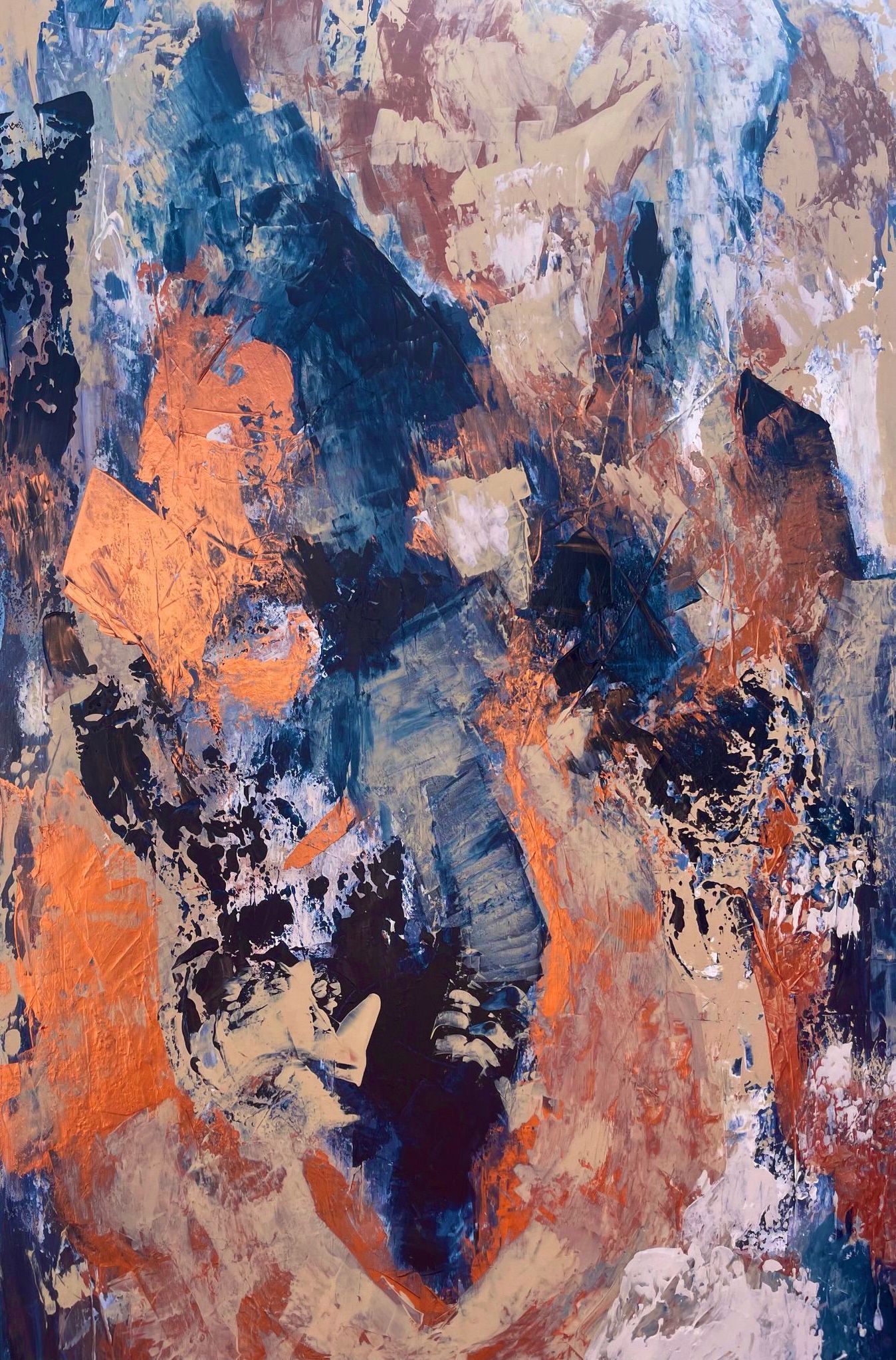 Abstract painting with dark blues, oranges, and tans blended and layered.