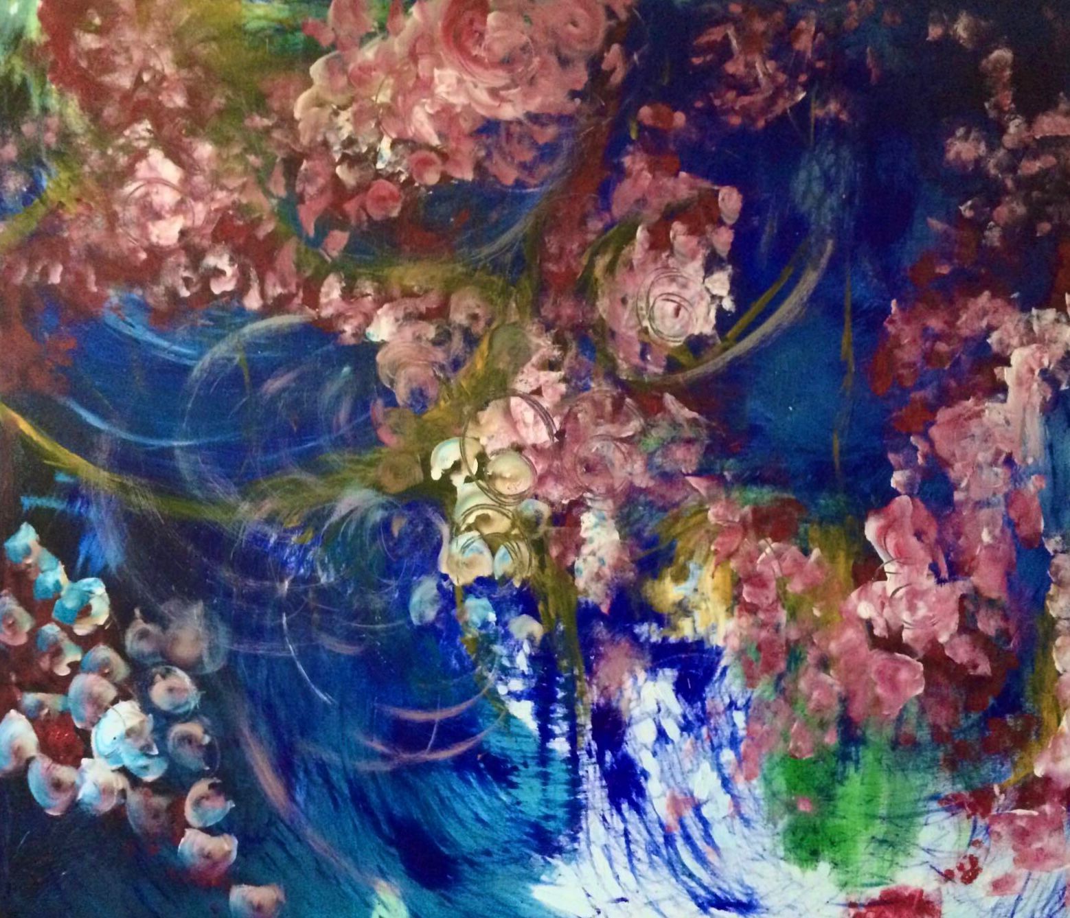 Pink blossoms against a swirling blue backdrop with green and white accents.