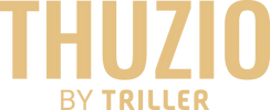 A gold logo for thuzio by triller on a white background
