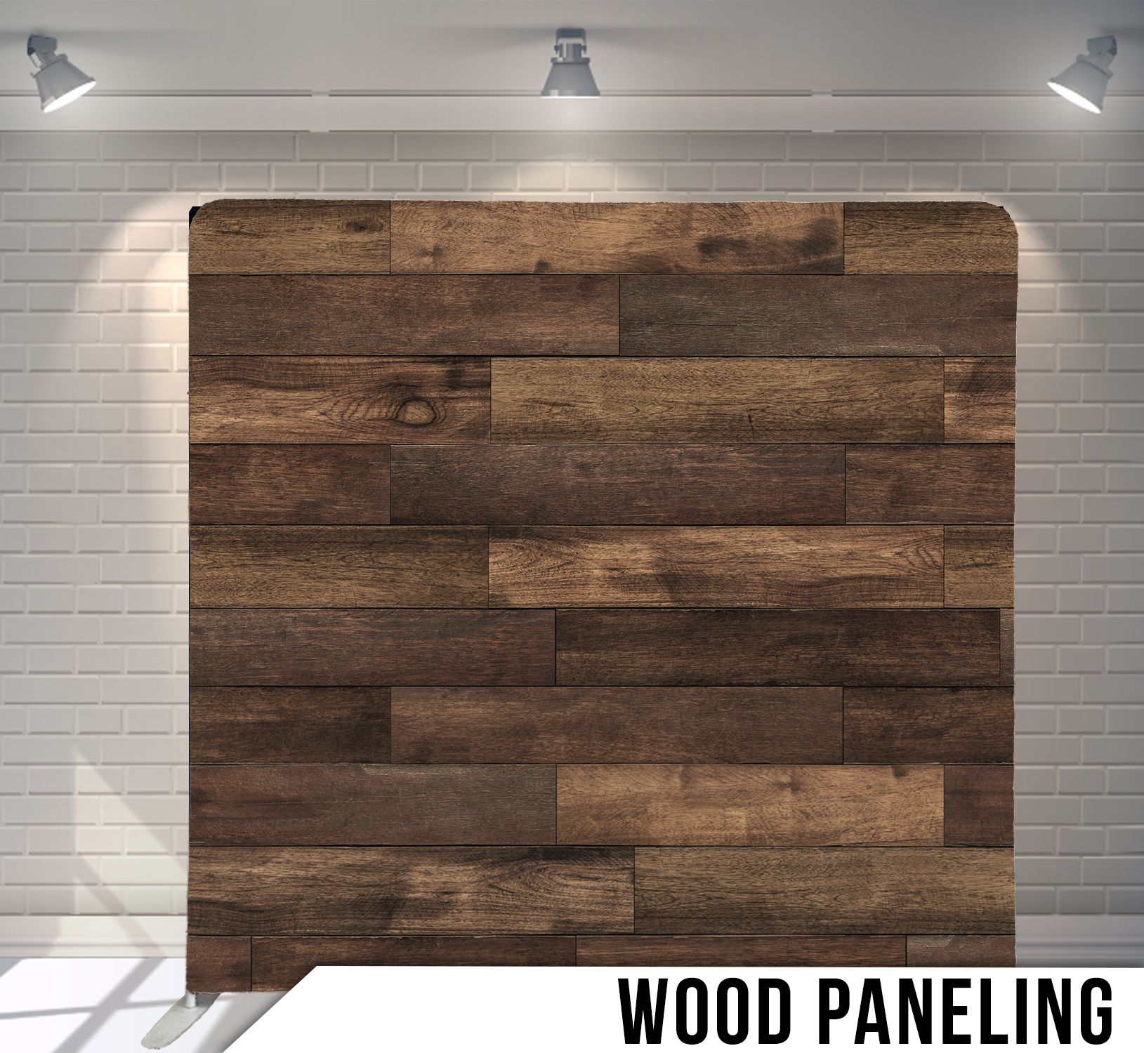 Wood paneling display of rustic brown planks on a white wall under spotlights