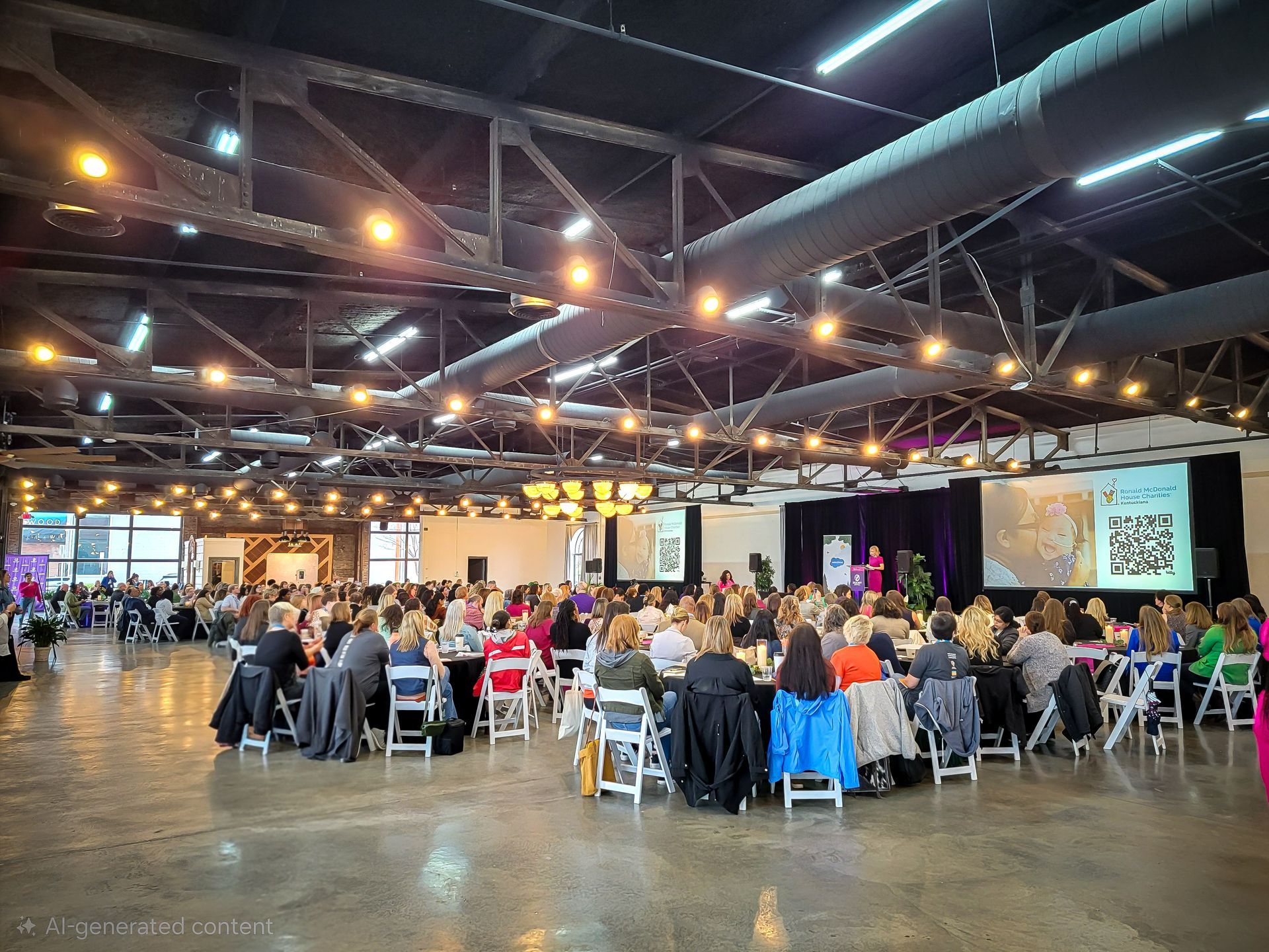 Mellwood Art Center event hall with a seated audience under string lights, Louisville