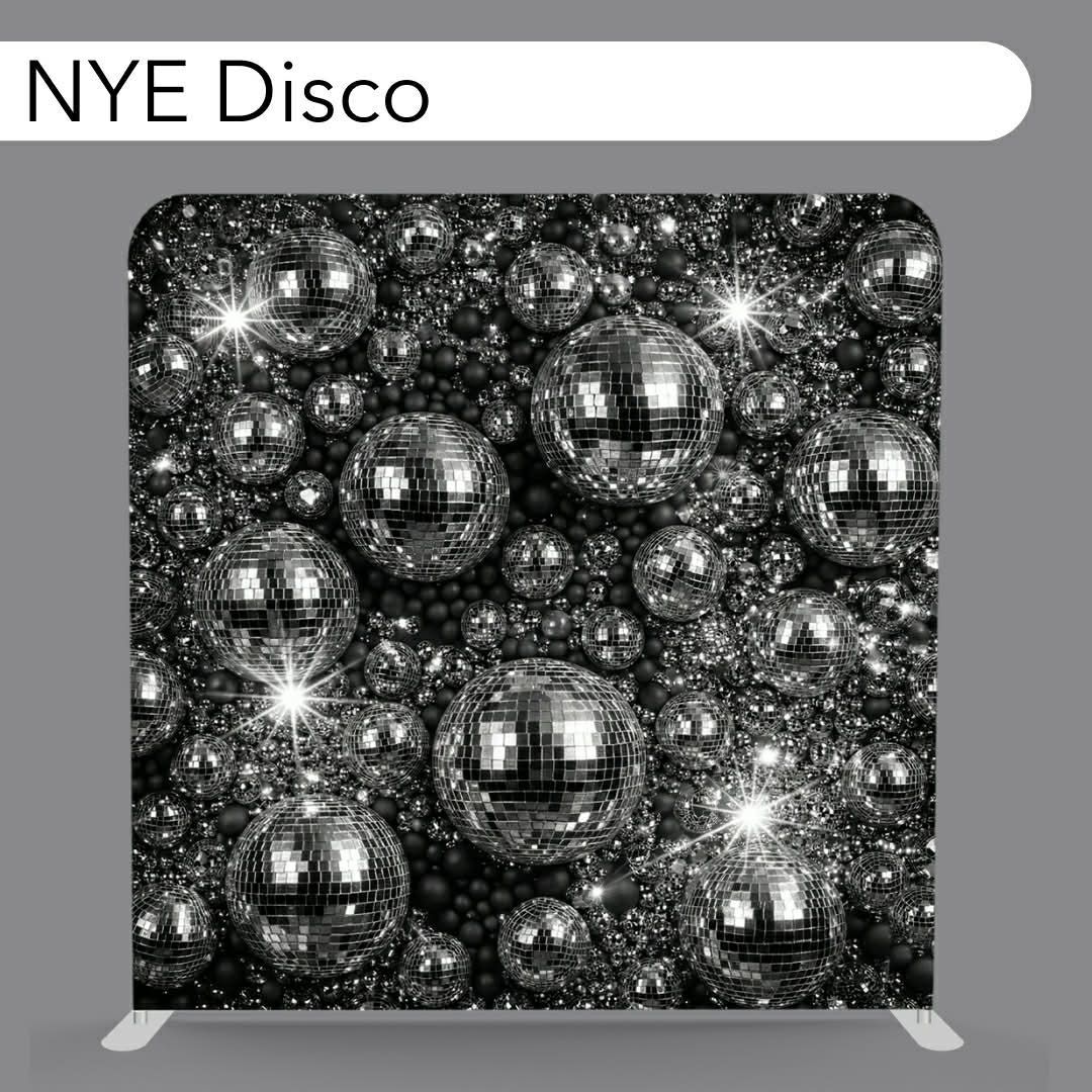 Navy disco-textured decorative panel with mirrored silver spheres and sparkles on a gray background