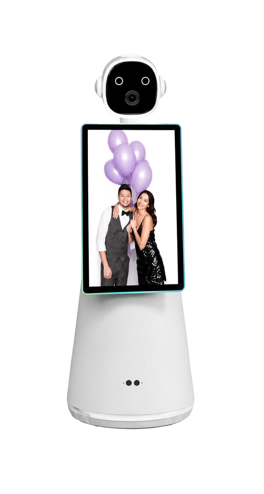 White telepresence robot with a screen showing two people and purple balloons, topped by a black camera head