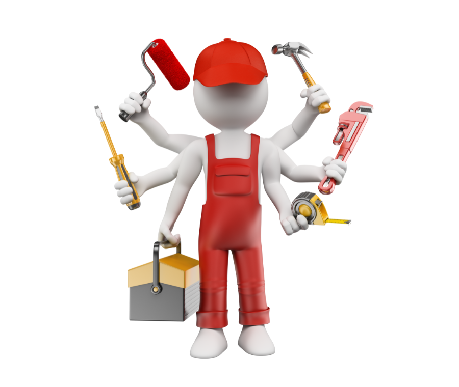 White handyman figure in red overalls and cap holding tools and a toolbox, standing on a white background