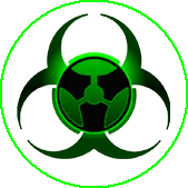 A green biohazard symbol is in a green circle on a white background.