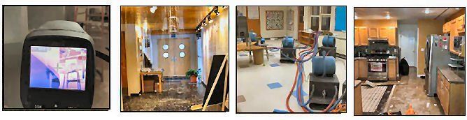 A collage of four pictures of a room with a camera and a vacuum cleaner.