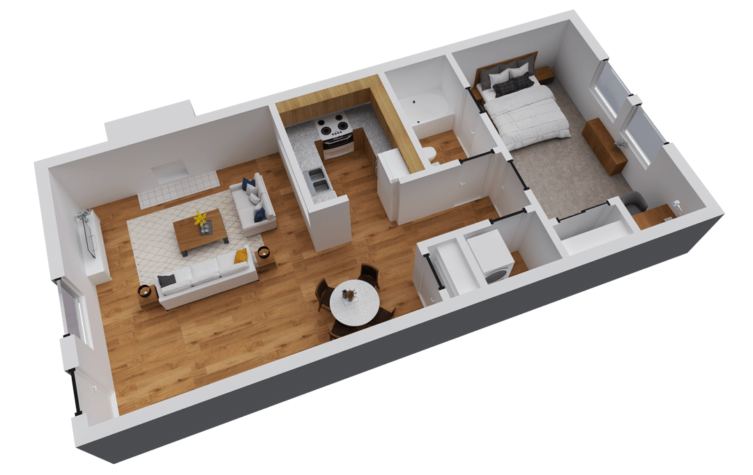 3D floor plan of a small apartment with kitchen, living area, bedroom, and bathroom.