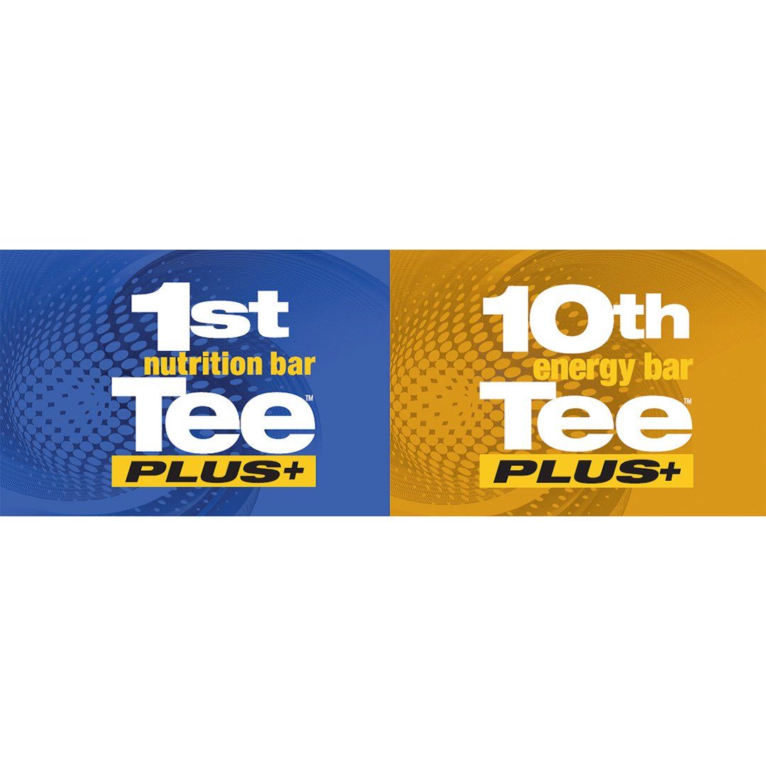 Blue and gold Tee Plus labels: “1st nutrition bar” and “10th energy bar” branding