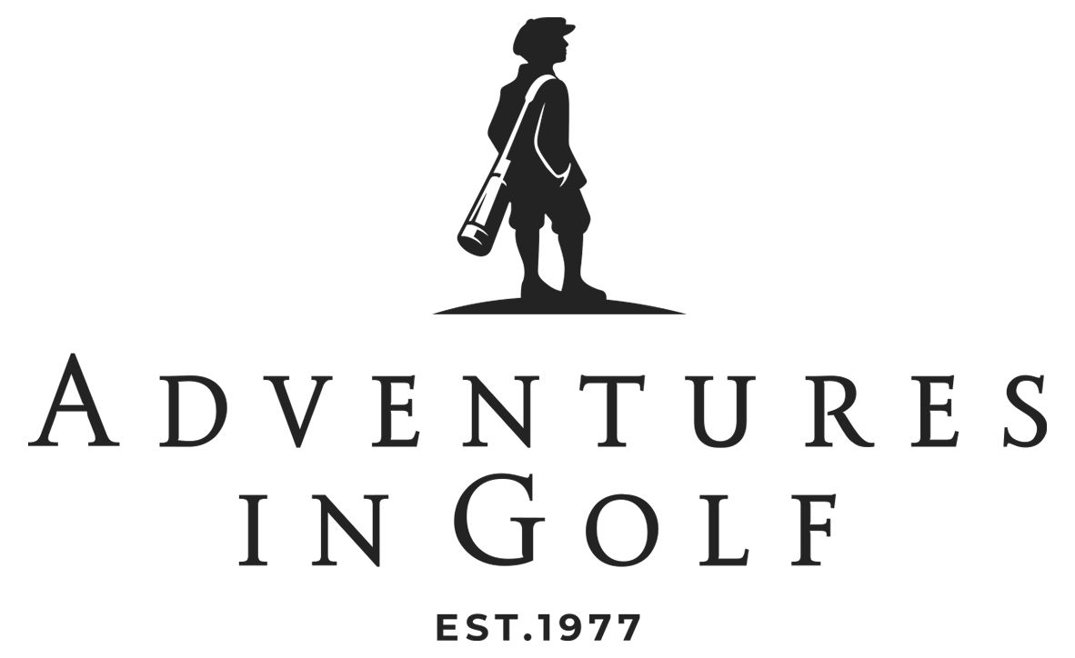 Oval “Adventures in Golf” logo with a golfer figure and “EST. 1977” text in olive green on white