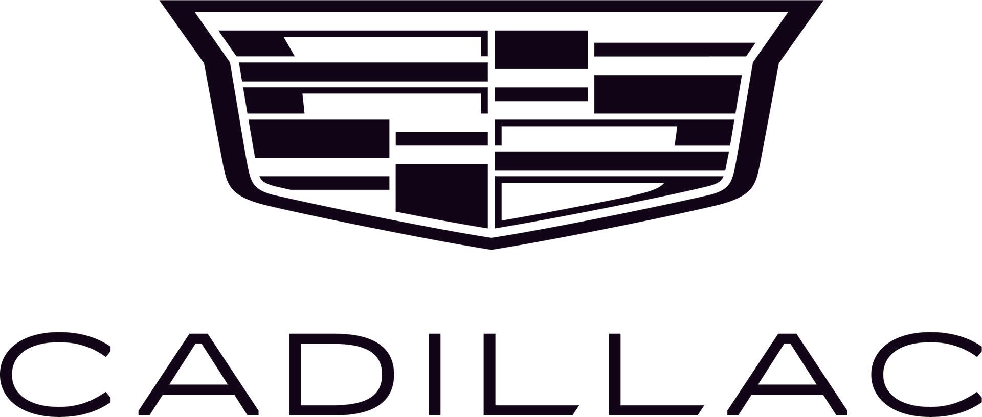 Cadillac logo with black emblem and text on a white background