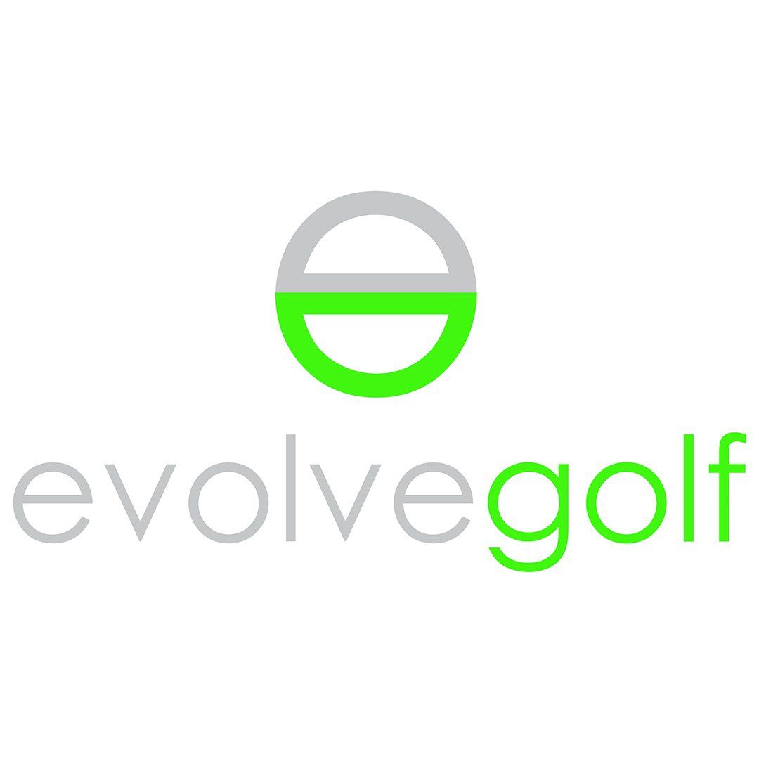 Evolve Golf logo with gray and neon green text and a circular golf ball icon