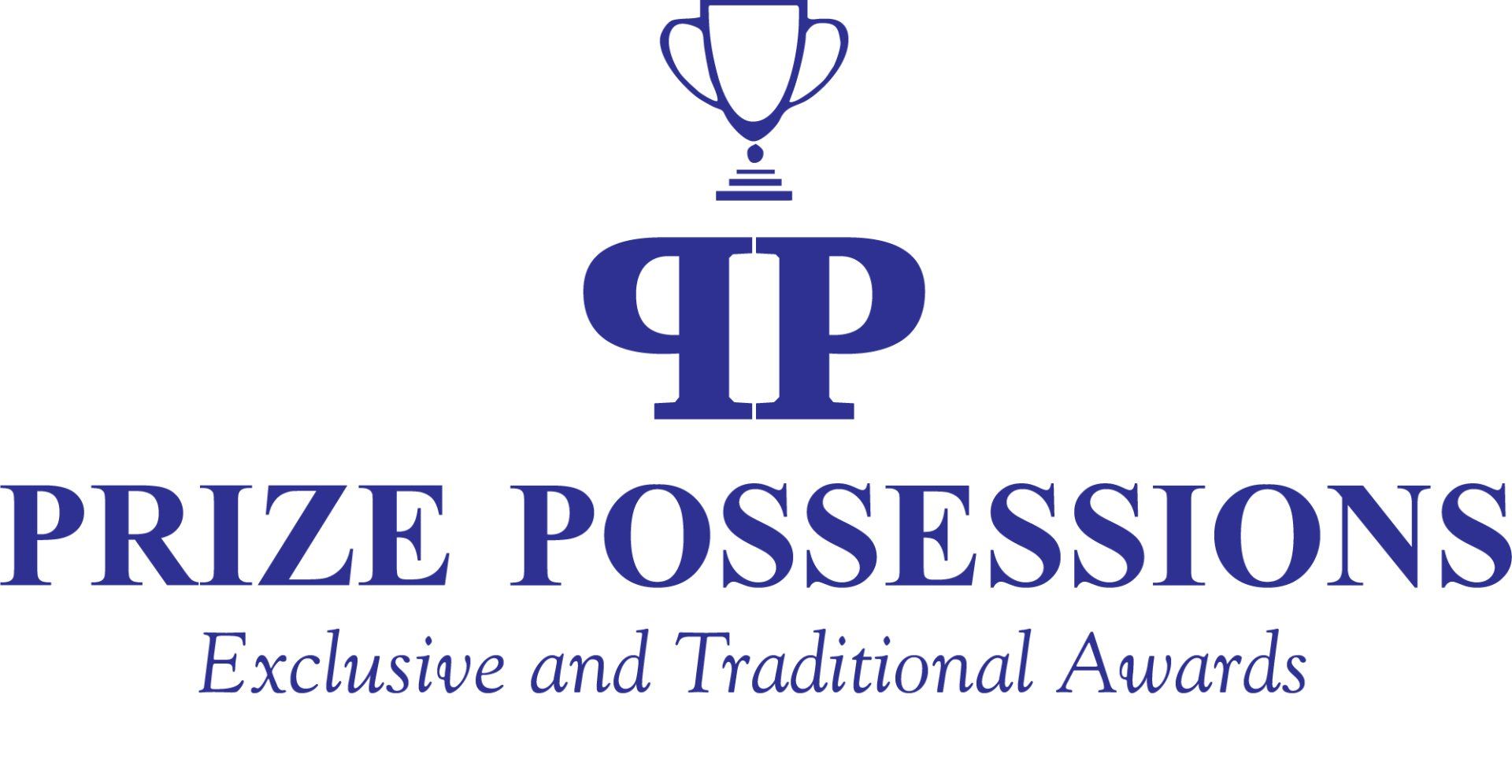 Logo for Prize Possessions with trophy icon, purple initials, and tagline “Exclusive and Traditional Awards”