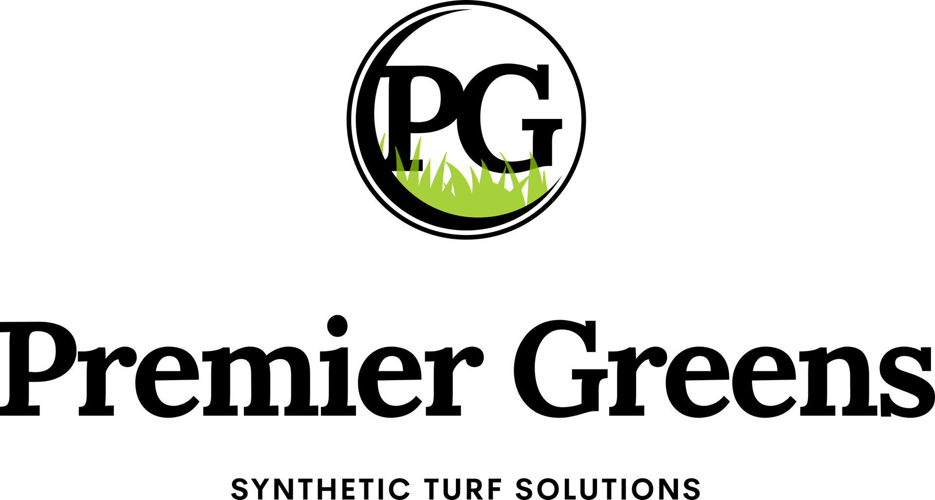Premier Greens logo with green-and-black PG emblem and “Synthetic Turf Solutions” text