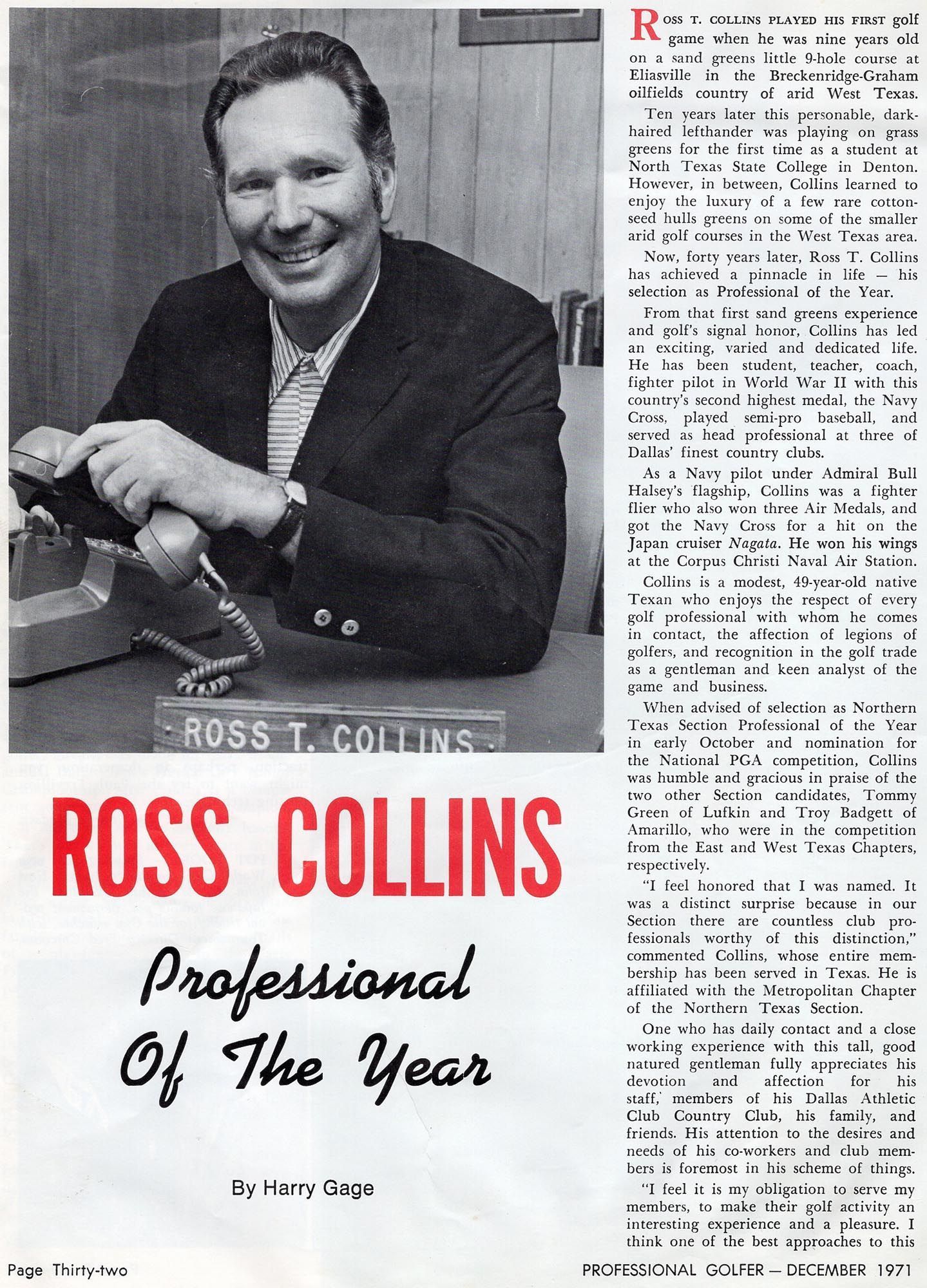 Ross Collins portrait with title “Professional of the Year” and article text beside it.