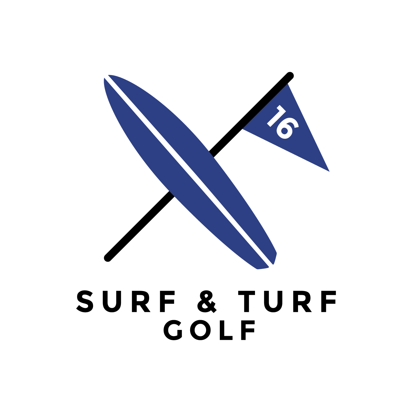 Surf and Turf Golf logo with blue surfboard and golf flag marked 16